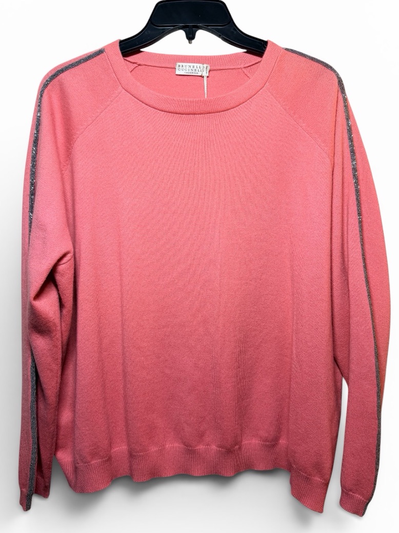 Brunello Cucinelli Coral Cashmere Sweater With Metallic Shoulder Stripes Nwt